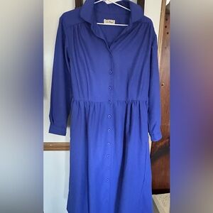 Vintage LL Bean Blue Button-Up Wool Dress with Pockets